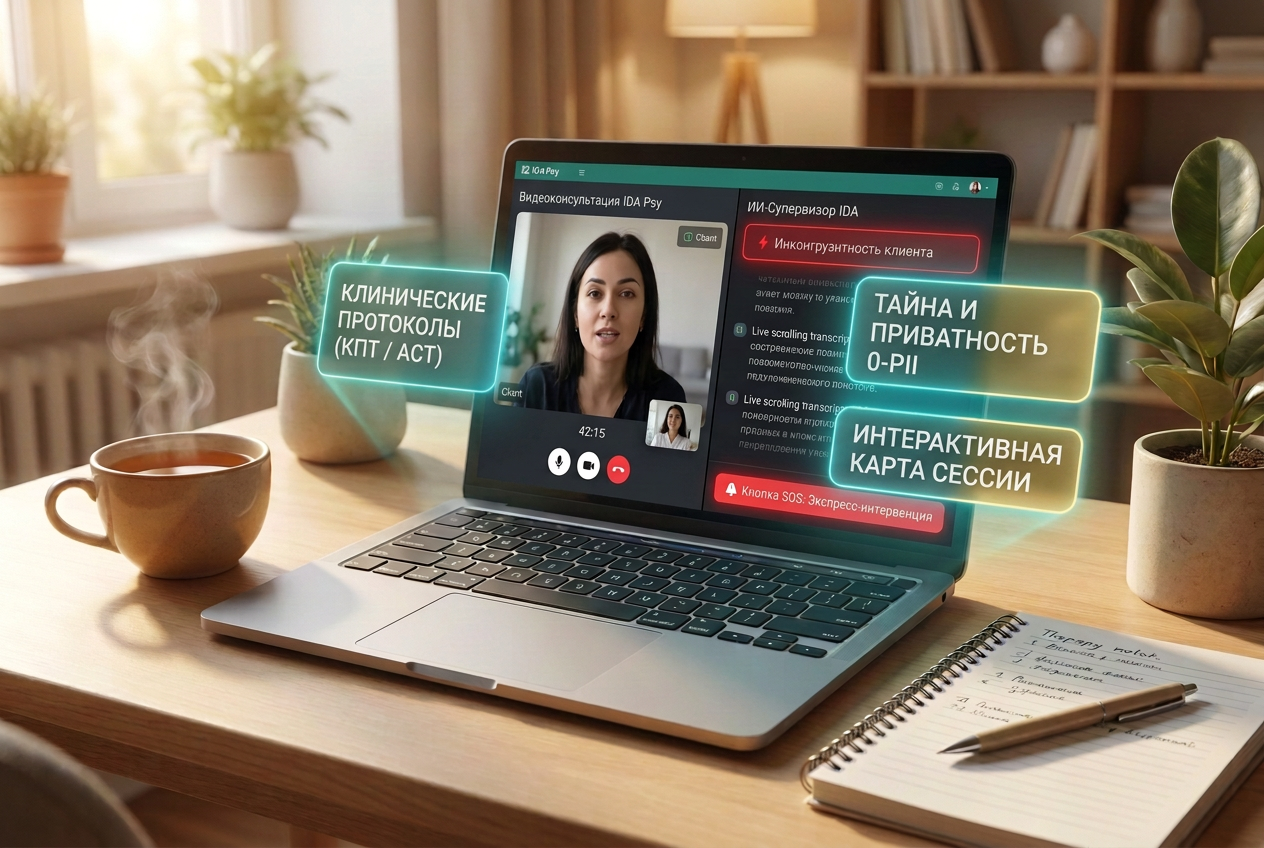 Интерфейс видео-консультации и ИИ-супервизора IDA Psy в кабинете терапевта